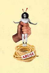 Foto op Canvas Vertical collage man arm holding young stressed girl suffer discrimination stereotypes force abuse domination rope tie doll control © deagreez