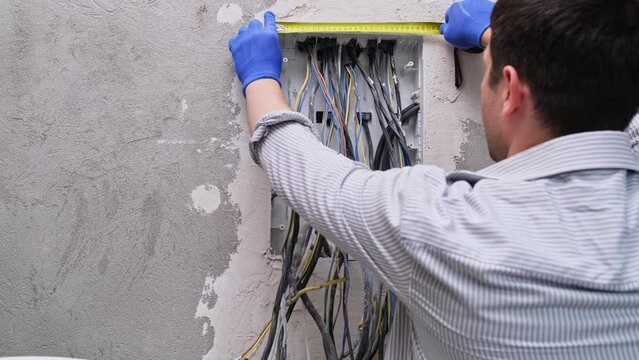 Male electrician tape measure installing cables and wires new electrical enclosure panel home wiring cable circuit