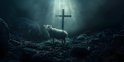 Jesus on the cross Sheep standing on top of a mountain in a foggy day. - obrazy, fototapety, plakaty
