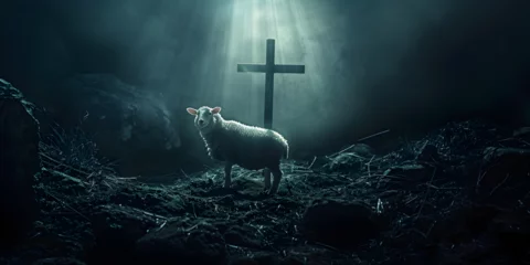 Foto op Plexiglas Jesus on the cross Sheep standing on top of a mountain in a foggy day. © Fatima