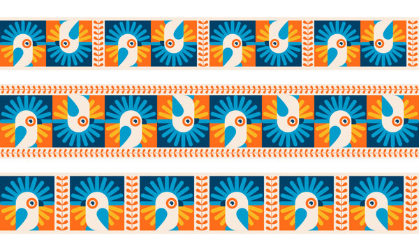 Summer seamless patterns with parrots, jungle birds. Geometric borders with bright exotic tropical birds, cockatoo, leaves. Geometric patterns for brazil carnaval, vector flat cartoon illustration