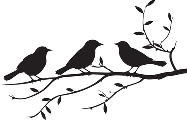 Black silhouette birds on the tree branch white background
