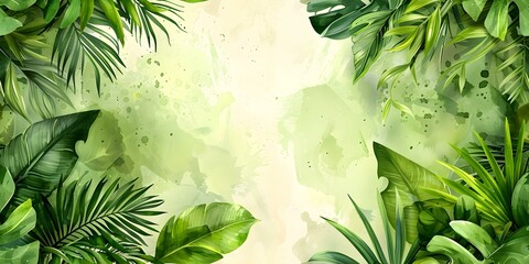 Green botanical banner with tropical leaves on watercolor background abstract floral design seamless background. Concept Botanical Banner, Tropical Leaves, Watercolor Background, Floral Design