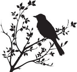 Black silhouette bird on the tree branch white background