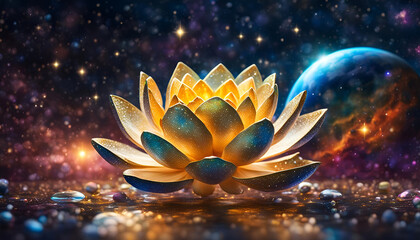 Lotus Blüte geöffnet Blume Erkenntnis Gold glänzend in vor Hintergrund Universum leuchtender Sterne Galaxien Lilie Wasser Spirituelle Erkenntnis neue Erde Erwachen Achtsamkeit Erleuchtung Buddha  - obrazy, fototapety, plakaty