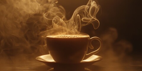 Cappuccino with picture on milk , cup with steam, in the style of light black and dark beige, engineering/construction and design, photo taken  highly detailed, close up.