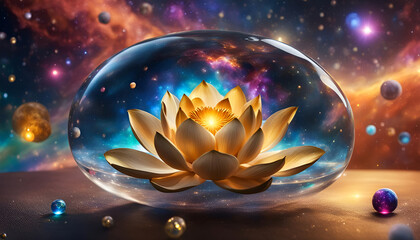 Lotus Blüte geöffnet Blume Erkenntnis Gold glänzend in Tropfen Wasser oder Kugel Glas vor Hintergrund Universum leuchtender Sterne Galaxien Lilie Wasser Spirituelle Erkenntnis Erleuchtung Buddha  - obrazy, fototapety, plakaty