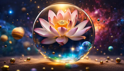 Lotus Blüte geöffnet Blume Erkenntnis bunt glänzend in Tropfen Wasser oder Kugel Glas vor Hintergrund Universum leuchtender Sterne Galaxien Lilie Wasser Spirituelle Erkenntnis Erleuchtung Buddha  - obrazy, fototapety, plakaty