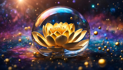 Lotus Blüte geöffnet Blume Erkenntnis Gold glänzend in Tropfen Wasser oder Kugel Glas vor Hintergrund Universum leuchtender Sterne Galaxien Lilie Wasser Spirituelle Erkenntnis Erleuchtung Buddha  - obrazy, fototapety, plakaty
