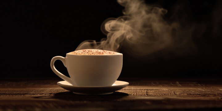 Cappuccino with picture on milk , cup with steam, in the style of light black and dark beige, engineering/construction and design, photo taken highly detailed, close up. © mshynkarchuk