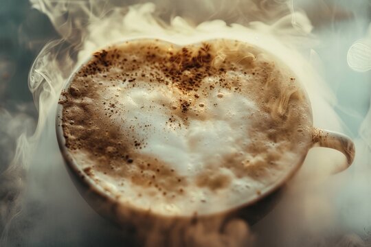 Cappuccino with drawing in the shape of a heart made of milk froth , cup with steam, in the style of light black and dark beige, highly detailed, sabattier filter, close up.