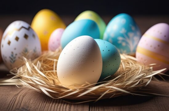 Colorful easter eggs in a nest on a wooden table
