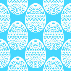 White silhouettes of decorative Easter eggs in a flat style on white background. Seamless background for fabrics, textiles, packaging and wallpaper. Vector illustration - obrazy, fototapety, plakaty