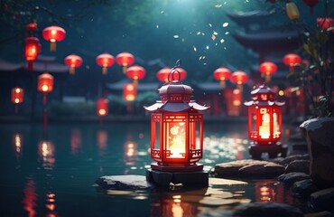 Chinese lanterns near the lake water
