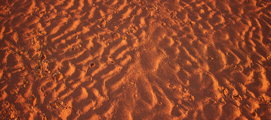 Rippled sand on beach in golden hour sunlight. High angle view. - 746402535