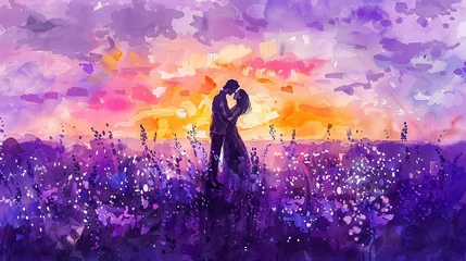 Schilderijen op glas A couple in love at sunset in a lavender. © Data