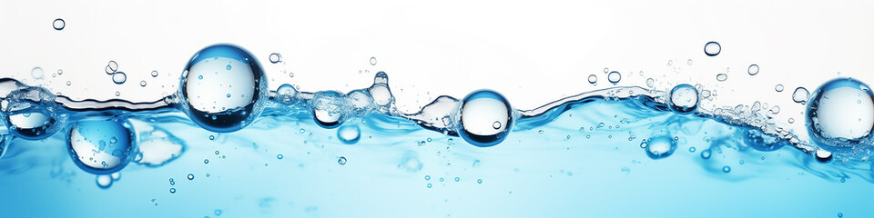 narrow panorama of bubbles in clear blue water background. - 746402765
