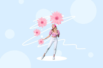 Composite trend artwork sketch image 3d photo collage of attractive young lady dance in wireless headphones among huge spring flowers