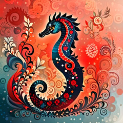 Seahorse living in the sea, watercolor picture.