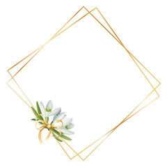 Gold double frame in the shape of a diamond with a bouquet of snowdrops. Illustration on a transparent background for the design of cards, invitations, etc.