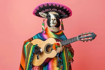 Wandcirkels Lama lama or alpaca in mexican sombrero hat with a guitar isolated on pastel background  © ALL YOU NEED studio
