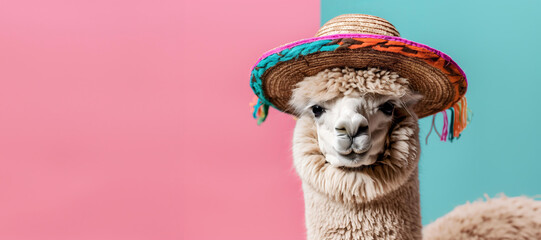 Obraz premium lama or alpaca in mexican sombrero hat isolated on pastel background