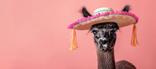 Tuinposter lama or alpaca in mexican sombrero hat isolated on pastel background © ALL YOU NEED