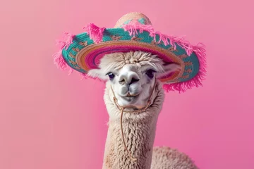  lama or alpaca in mexican sombrero hat isolated on pastel background © ALL YOU NEED studio