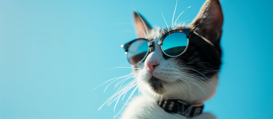 Black and White Cat with Sunglasses on Clear Blue Sky: Funny and Cool Cat Portrait - Banner with Copy Space