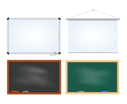 Set of Blank Chalkboard and Whiteboard set collection with marker, eraser, chalk and hanging, Realistic black and green blackboard in wooden frame, Background for school or restaurant design, menu.