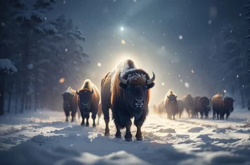 Foto op Plexiglas Bison in the dark snow in winter © WrongWay