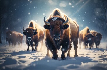 Bison in the dark snow in winter - obrazy, fototapety, plakaty