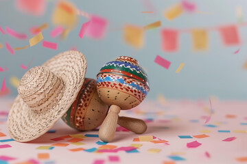 Fototapeta na wymiar Mexican sombrero hat, maracas and confetti on a pastel background