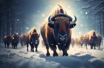 Bison in the dark snow in winter