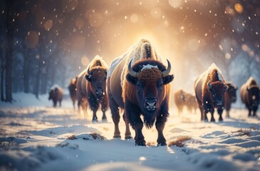 Bison in the dark snow in winter