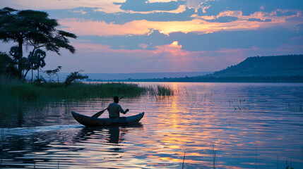 A man paddles a canoe at sunset.