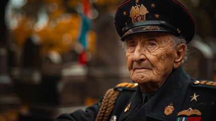 elderly man in military attire, including a cap with medals and insignia, saluting solemnly. He appears to be at a cemetery given the headstones in the background, each adorned with a flag - obrazy, fototapety, plakaty