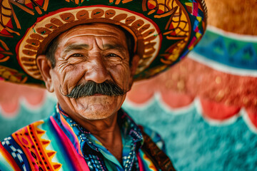Fototapeta premium portrait of a Mexican musician with a mustache in a traditional costume and smbrero