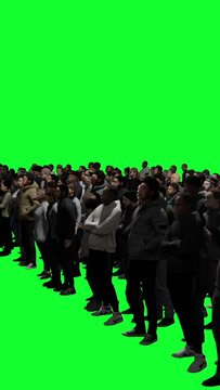 3D crowd on green screen background chroma key, Isolated group of people for interior and exterior scenes,Visual effect 3d animation for visualization.