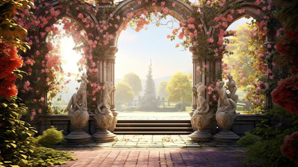 ancient greek arch entwined with flowers with antique sculptures on the background of the park. Travel concept