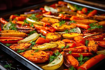 Roasted Vegetable Tray Bake on a Wooden Table Background - Baked Carrots, Grilled Peppers