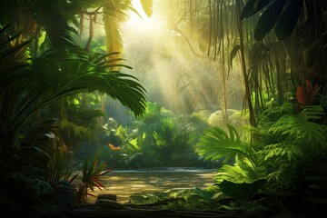 Morning Light in a Beautiful Jungle Garden: Tropical Landscape with Green Trees and Palm Trees 