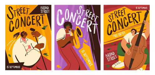 Street concert posters set. Advertisement flyers of music event. Musicians play musical instruments, singer sings song. Design of promo placard to jazz band performance. Flat vector illustrations