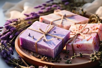 Fototapeta na wymiar Handmade Soaps with Lavender Bunch. Cosmetics & Body Care Products. Natural Soap Bars with Fresh
