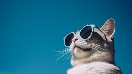 Gray Cat with Sunglasses on Clear Blue Sky: Funny and Cool Cat Portrait