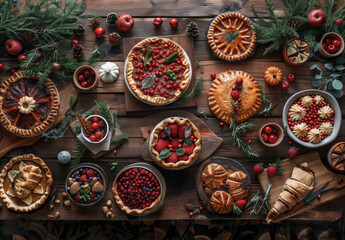 View from above different pies with berry and apple fillings on a table decorated with fir rosettes, Christmas table festive feast