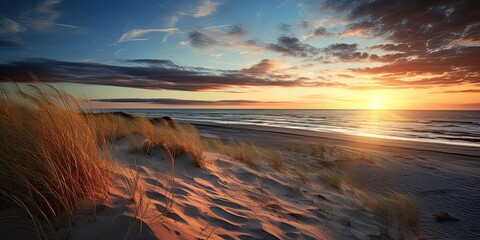 Sunset View of Meer: A stunning coastal image of Baltic Sea with sandy shore, dunes and mussels