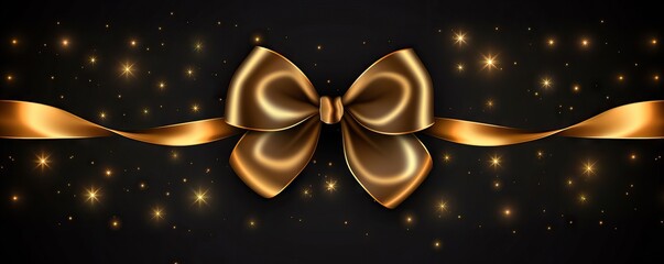 Decorative golden bow isolated on black background. Shiny gold satin ribbon. Wrapping element for Christmas gift, Valentine's, Father's and Women's day, birthday and party. Black friday - obrazy, fototapety, plakaty