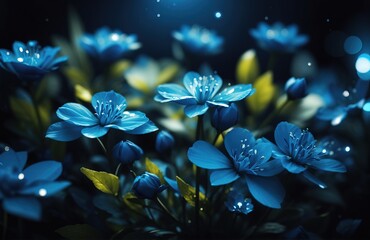 Blue flowers on dark forest background