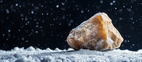 Majestic rock covered in sparkling snow on dramatic black background